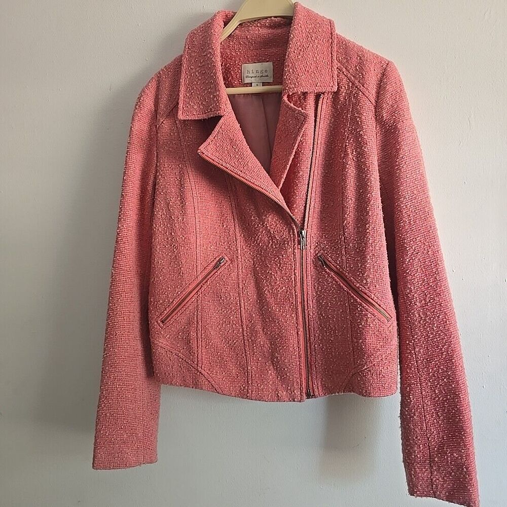 Hinge Tweed Jacket Barbie Core Womens Medium Pink Blazer Zip Up Wool Moto